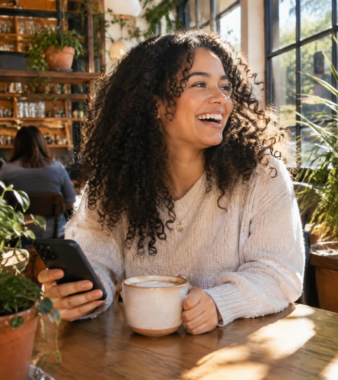 Woman laughing at a cafe while holding her phone