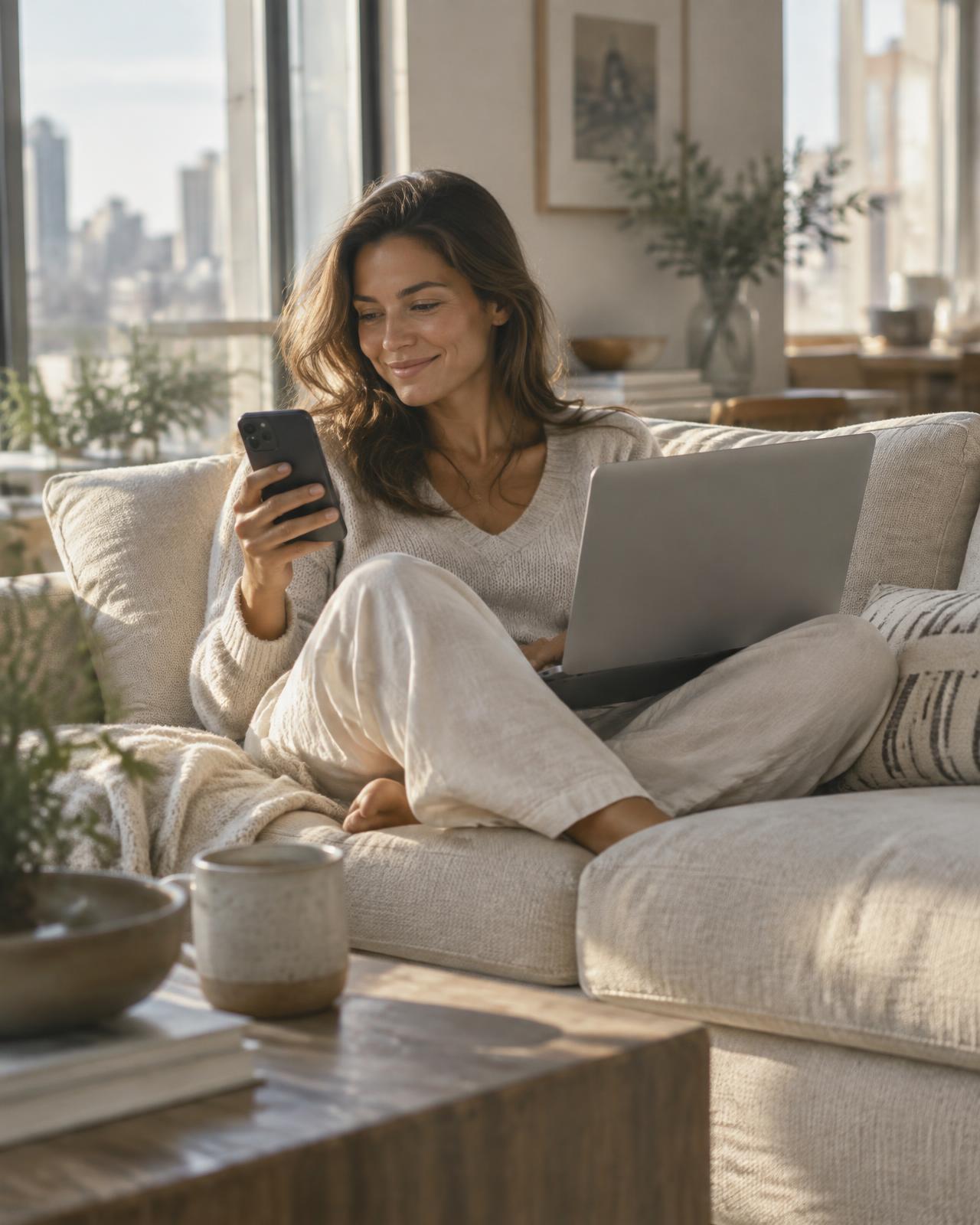 Woman relaxing on a sofa while checking a payment on her phone