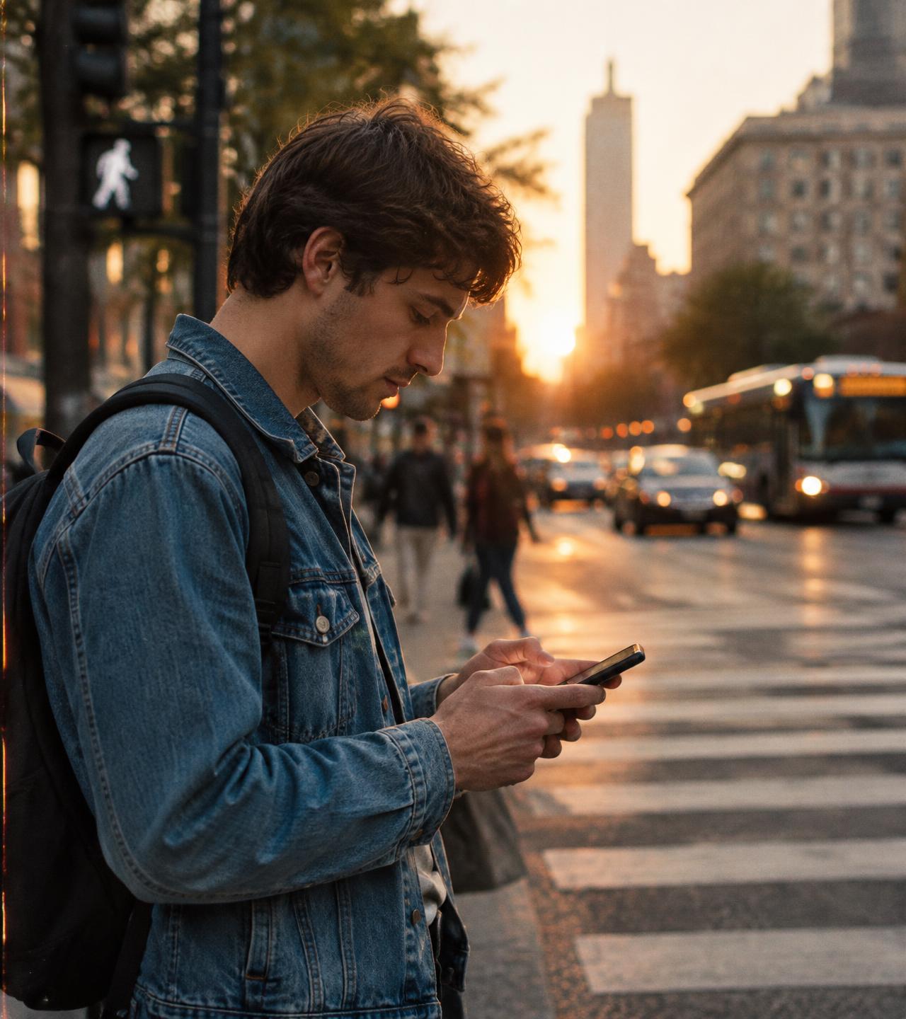 Man checking a payment on his phone at a city crosswalk